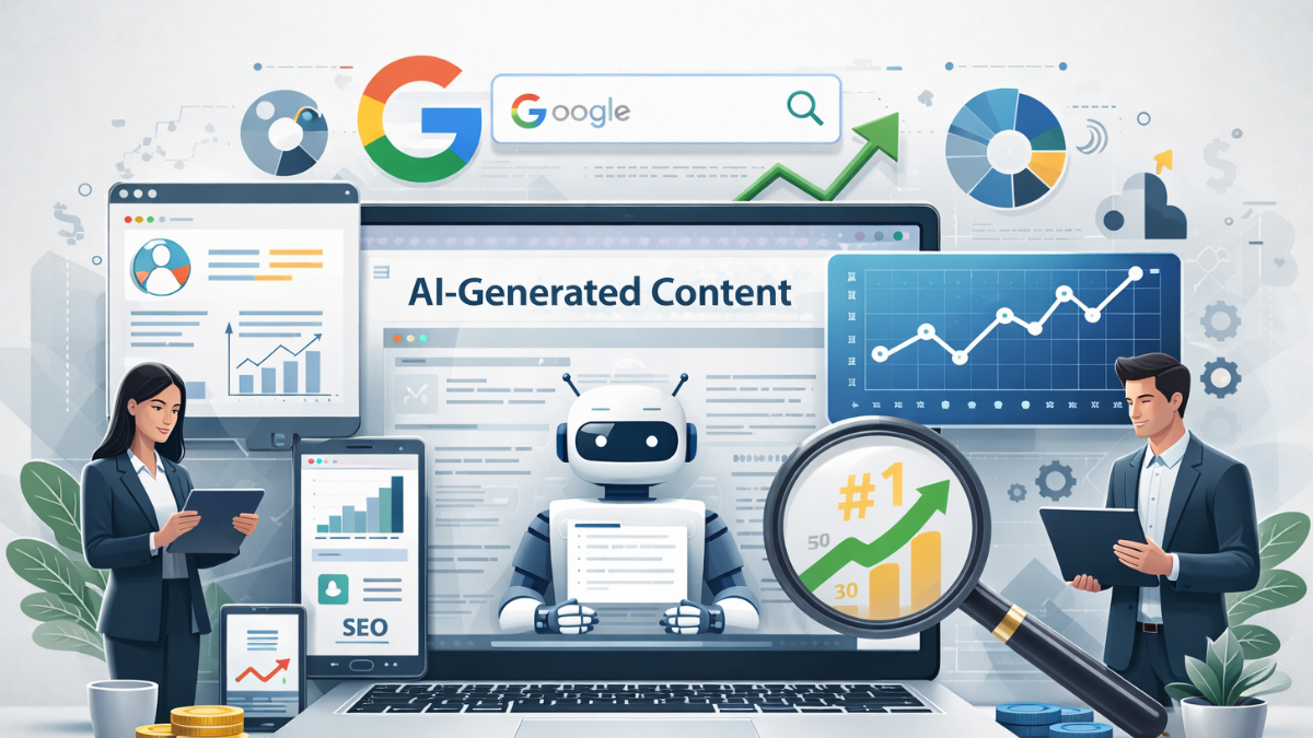 A clean professional digital marketing illustration showing AI-generated content, Google Search visibility, SEO analytics, ranking growth, search performance charts, and website optimization elements in a modern workspace.