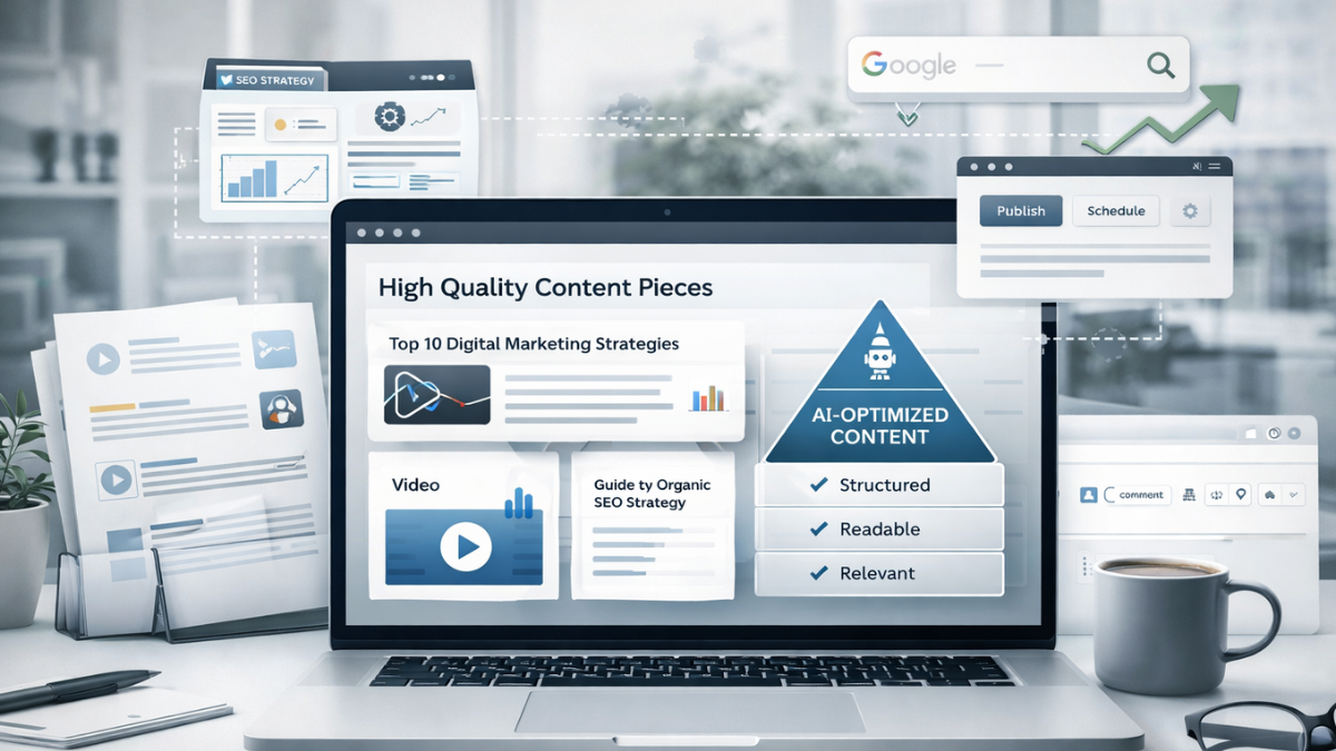 A modern digital content workspace showing fewer but higher-quality content pieces, SEO strategy elements, AI-friendly content structure, analytics insights, and a clean professional publishing environment.